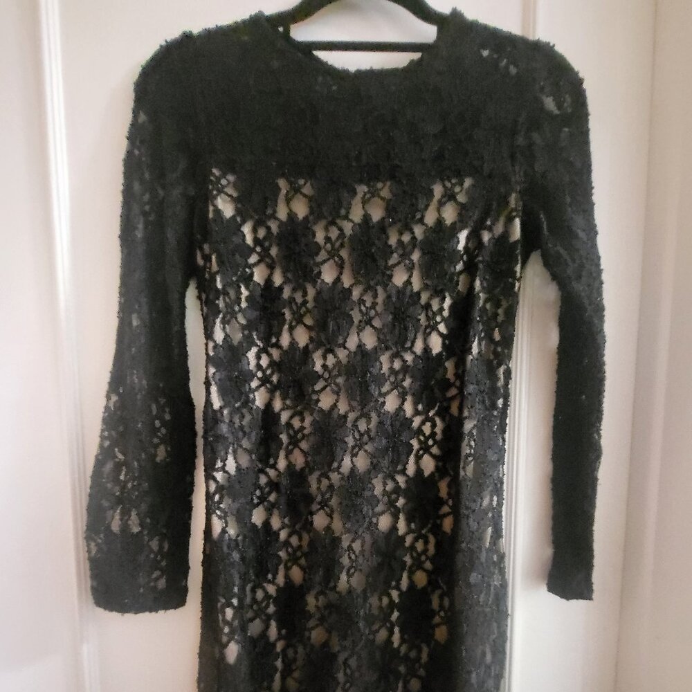 Zara Black Floral Lace Long Sleeve Dress - Size Medium